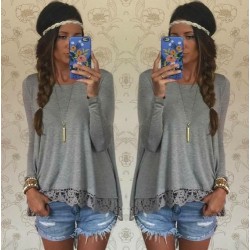 0390 lace hem long sleeve loose T-shirt