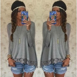 0390 lace hem long sleeve loose T-shirt