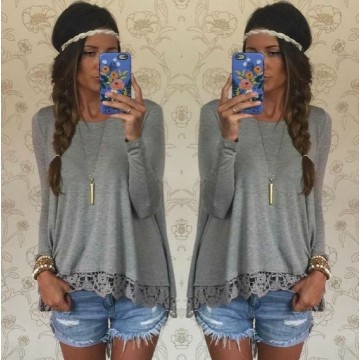 0390 # ebay quick sell through the fall of the new lace hem lace long sleeves primer shirt loose T-shirt