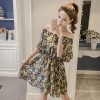 7210 # real shot word shoulder waist a word skirt temperament was thin floral chiffon short sleeve dress female