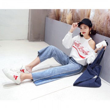 8368 Korean fashion high waist loose ribs wide leg jeans