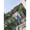 8269 loose v-neck long sleeve blue vertical stripes shirt