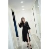 2017 spring and autumn 7 points sleeve V collar retro Slim dress pure black temperament split open dress