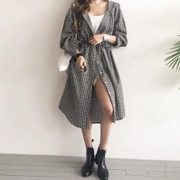 Spot Plaid Drawstring Belt Hooded Long Shirt Shirt Blouse Skirt 622