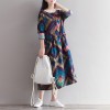 1837 # model real shot 2017 early spring art retro print long sleeves cotton linen loose long dress female