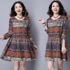 8027 national style cotton and linen large size women's geometric printing dress