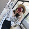 8269 loose v-neck long sleeve blue vertical stripes shirt