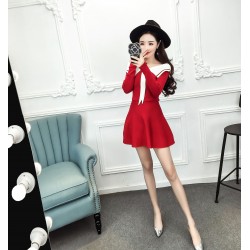 9170 temperament sweet Japanese rabbit ears big V-neck long sleeves knitted dress