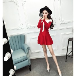 9170 temperament sweet Japanese rabbit ears big V-neck long sleeves knitted dress