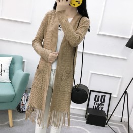 8001 autumn and winter pure color twist loose tassel pocket knitted sweater cardigan coat