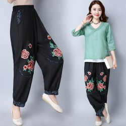 351national style large size embroidered cotton and linen loose casual pants