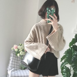 3350 retro twist large sleeves loose lazy half-high collar sweater 