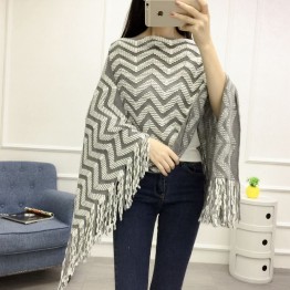 Autumn and winter large size cloak shawl female mid section tassel head hedge wavy pattern sweater