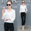 645 autumn loose trumpet sleeve Lace hollow bottom shirt