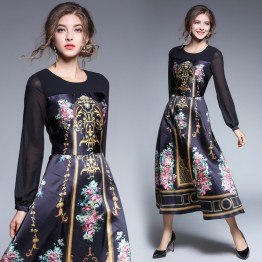 3306 new retro palace printing transparent long-sleeved dress