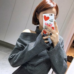 17 / early fall of the age of high-necked neck hanging collar hollow shoulder length collar striped T-shirt 6133