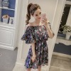 7210 # real shot word shoulder waist a word skirt temperament was thin floral chiffon short sleeve dress female