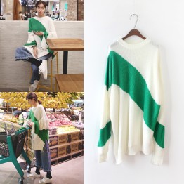 8374 oblique stripes splicing slits loose sweater