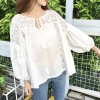 Korean fashion hollow hook flowers stitching white bubble sleeves long sleeves loose shirt