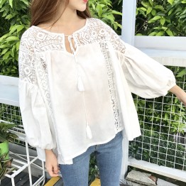 8091 Korean fashion hollow crochet white bubble sleeves shirt