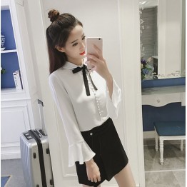 Chiffon shirt long-sleeved lapel collar bow tie white shirt