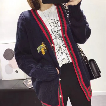 1022# Korean Academy bee embroidery cardigan sweater pearl buckle V collar knitted cardigan