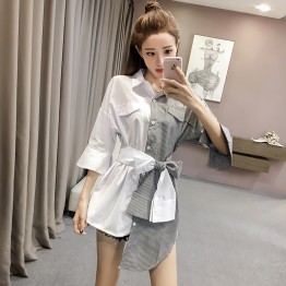 125 Irregular lace splicing long stripes shirt