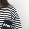 5232 # real shot South Korea ulzzang Hong Kong flavor striped letter printing pocket short sleeve TEE women blouse