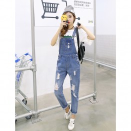 8506 preppy style loose hole suspender denim trousers