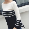 6137 Korean fashion off shoulder lotus leaf sleeves stripes sweater