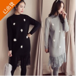 1669 new large size round collar hair ball lace splicing fake two piece knitted dress