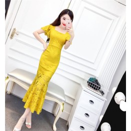 9173 fashion ladies temperament trumpet sleeves fish tail dress