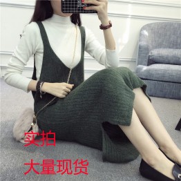 8010 # real long sweater dress female loose Korean version of women's vest skirt strap strap dress new dress