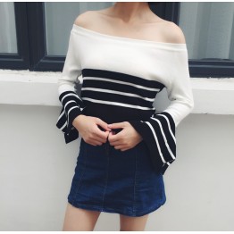 6137 Korean fashion off shoulder lotus leaf sleeves stripes sweater