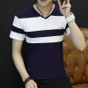 New summer new striped cotton stitching Slim short-sleeved V-neck men's T-shirt 2333