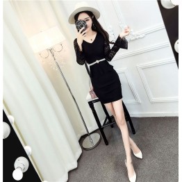 9167 Korean fashion sexy V-neck lace Slim trumpet sleeve dress