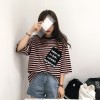 5232 # real shot South Korea ulzzang Hong Kong flavor striped letter printing pocket short sleeve TEE women blouse