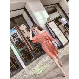 3523 Korean temperament V-neck loose speaker sleeves tie waist knit dress