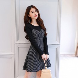 2629 autumn new contract color stripes slim dress