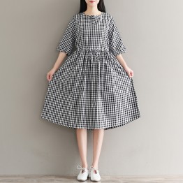 1929 real shot 2017 autumn sen female retro buckle text lattice loose large size cotton and linen dress skirt