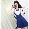 9166 aristocratic temperament elegant lace long sleeve round neck denim splicing dress