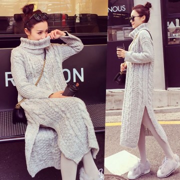 1755 autumn and winter Korea loose twist knitted thick long high collar sweater dress