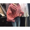 5205# Retro temperament vertical wide striped bubble sleeves lapel shirt