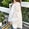 Korean fashion hollow hook flowers stitching white bubble sleeves long sleeves loose shirt