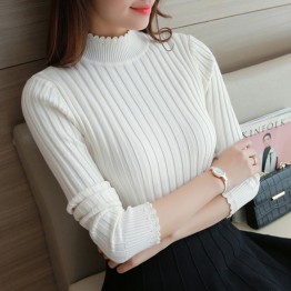 8521 autumn and winter lace semi-high collar vertical stripes elastic sweater