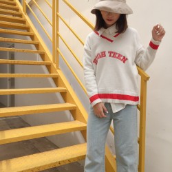 973 Korean fashion preppy style big V collar letter embroidery sweater