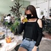 592 # real shot Korea chic casual sling strapless long-sleeved wild TEE blouse
