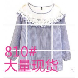 810 fashion round neck yarn lace stitching lantern sleeves striped shirt