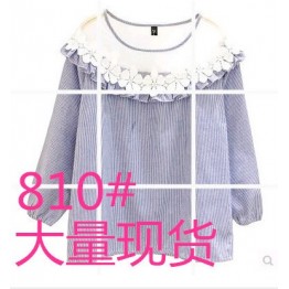 2017 spring Korean fashion round neck yarn lace stitching lantern sleeves striped shirt