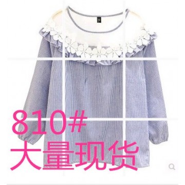 2017 spring Korean fashion round neck yarn lace stitching lantern sleeves striped shirt